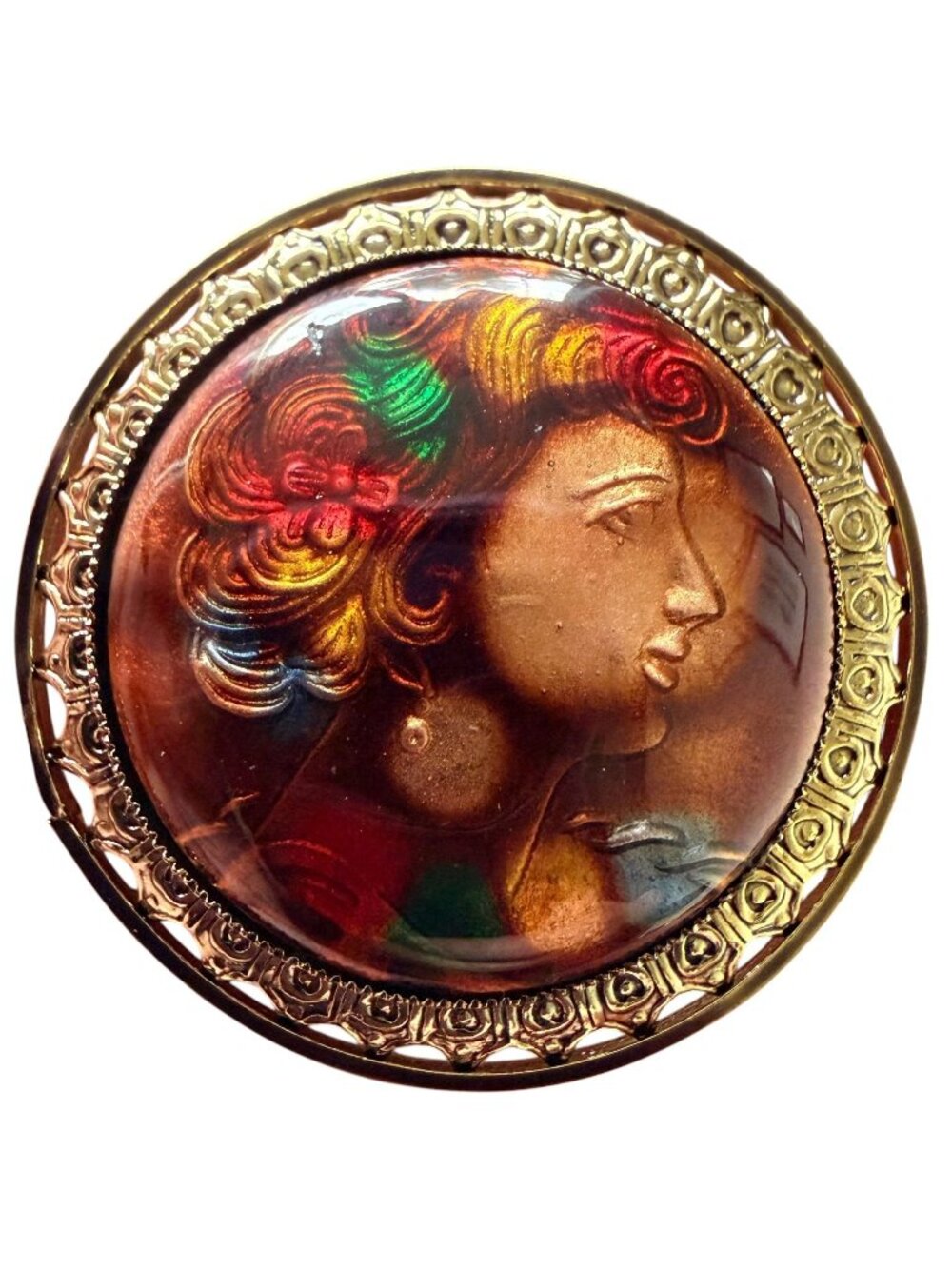 Vintage 1950s Reverse Carved Lucite Renaissance Lady Brooch New Old Stock